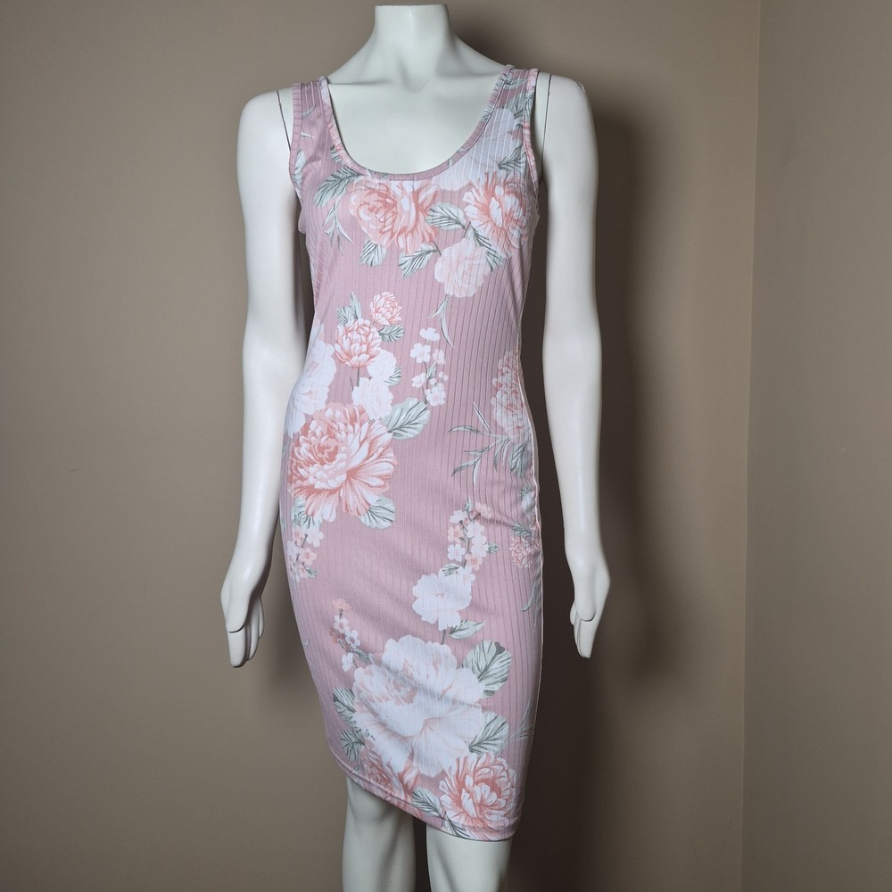 Full Circle Trends Pink Floral Ribbed Sleeveless Bodycon Dress J3E3635C Large
